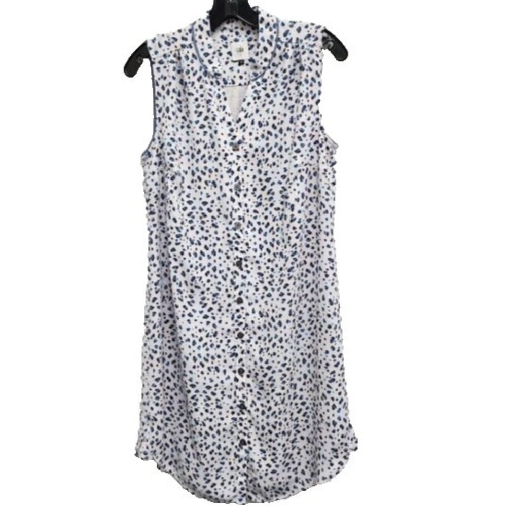 Cabi Womens Camilla Shirt Dress Small Blue White Leopard Print Sleeveless #5233